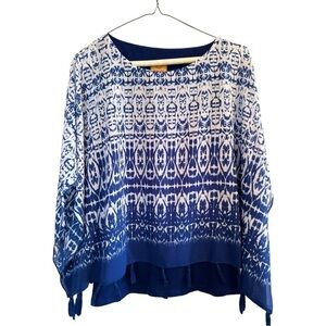 Ruby Rd. Boho Abstract Tunic Blouse, Royal Blue & White, Kimono Sleeves, PM